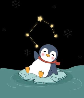 Penguin sitting on a floating ice raft holding a tulip under a constellation of stars