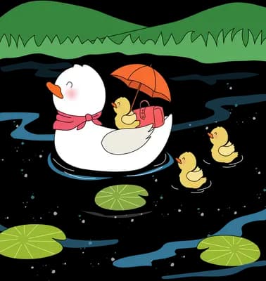 Mother duck holding an orange umbrella over her ducklings on a pond with lily pads