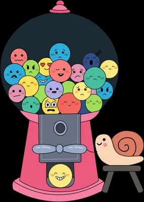 Snail sitting on a stool beside a gumball machine full of coloured faces showing different moods