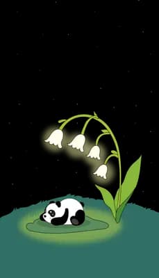 Panda cub curled asleep on a leaf beside a sprig of lily of the valley