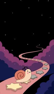 Snail crawling up a pink winding path of star stepping stones through purple mountains