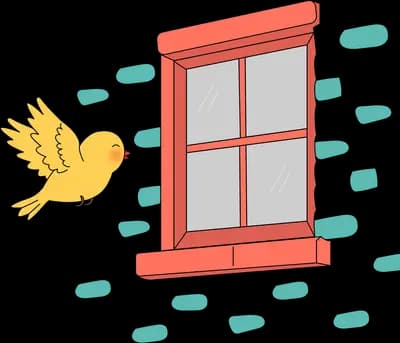 Yellow bird flying toward a closed red window on a tiled wall