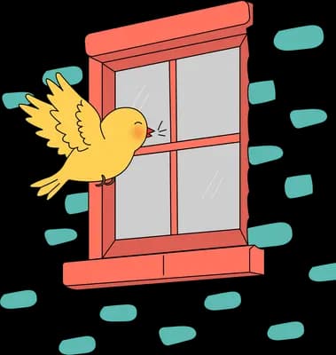 Yellow bird landing at a closed red window on a tiled wall
