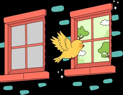 Yellow bird perched at a red window swung open to show green leaves