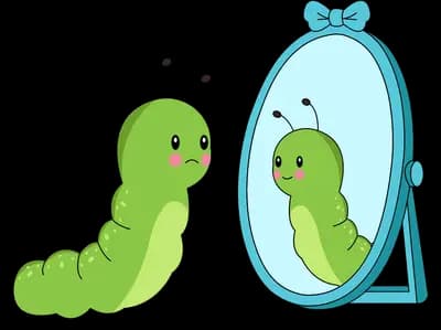 Green caterpillar looking at its own reflection in a tall bow-topped mirror
