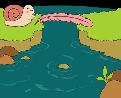 Snail on a mossy ledge reaching toward a pink lotus above a dark pond