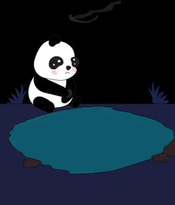 Panda sitting on a dark bank fishing over a teal pond