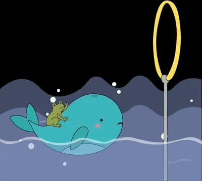 Whale carrying a frog surfacing beside a yellow lamp over the waves