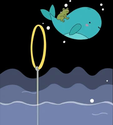 Whale with a frog on its back soaring high over the water beside a yellow lamp