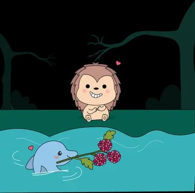 Monkey watching a dolphin carry a sprig of berries underwater