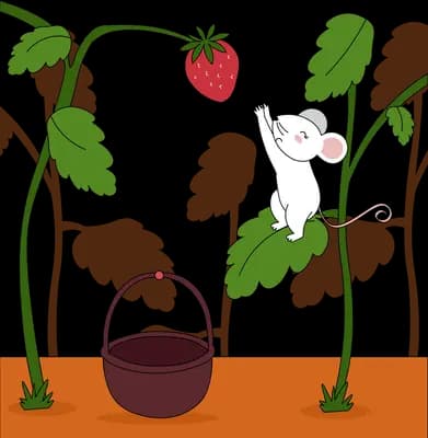 White mouse on a leaf under a strawberry plant with a basket on the soil