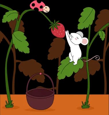 Ladybug on a strawberry stem above a mouse reaching for the fruit