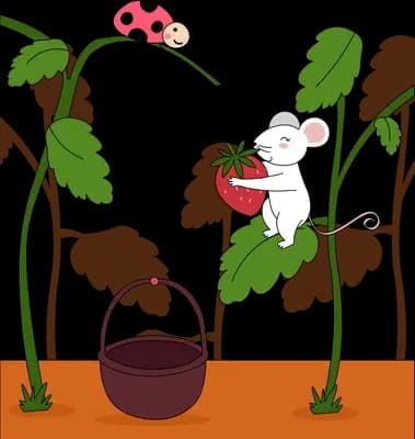 Mouse plucking a strawberry from the vine while a ladybug perches above
