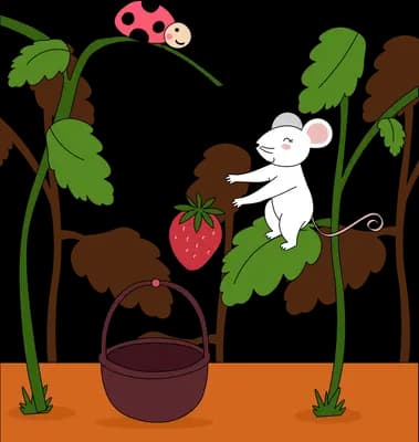 Mouse lowering a strawberry into a basket under a ladybug on the plant