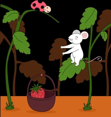 Two white mice climbing bean vines above a basket of strawberries