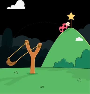 Ladybug landing on the top of a green hill after a slingshot launch traced by a dotted arc