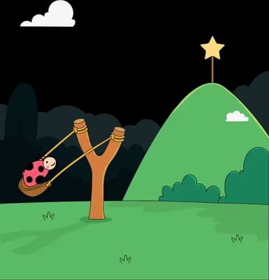 Ladybug loaded into a wooden slingshot beside a green hill