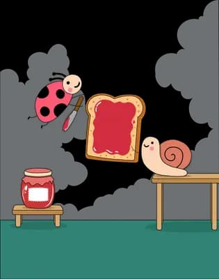 Ladybug holding a knife over a giant jam toast while a second ladybug tumbles onto the table