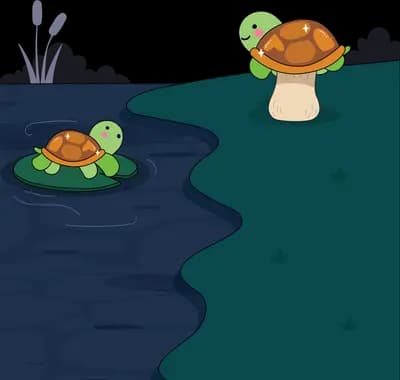 Turtle perched on a mushroom above a pond where another turtle floats on a lily pad