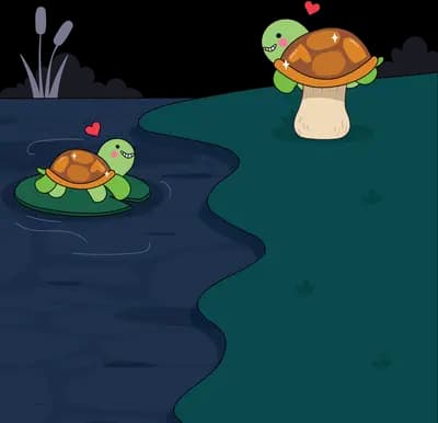 Turtle wearing a red flower on a mushroom above a pond with a second turtle below