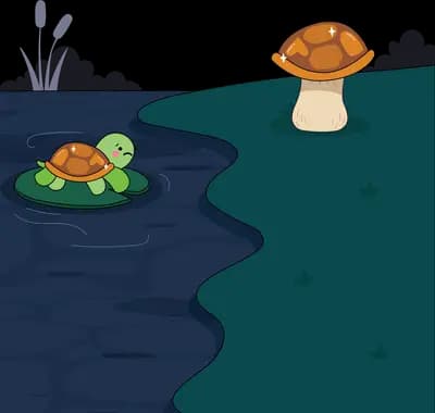 Empty turtle shell resting on a mushroom above a pond where a turtle sits on a lily pad
