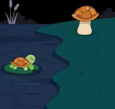 Turtle resting on a lily pad in the pond below an empty mushroom cap