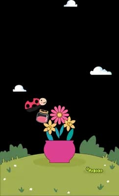 Ladybug flying towards a pink flower in a magenta pot on a grassy mound