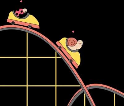 Ladybug and a friend riding a roller coaster car down a steep track