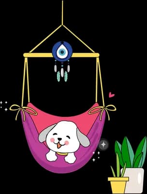 White puppy curled in a magenta hanging hammock chair beside a nazar chime and a potted plant