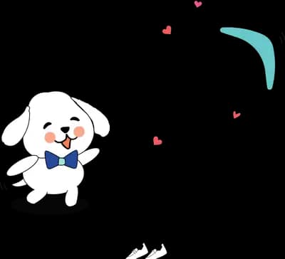 White puppy in a blue bow tie leaping after a teal ribbon among floating hearts