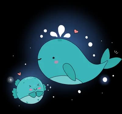 Two teal whales spouting water in a dark ocean full of bubbles