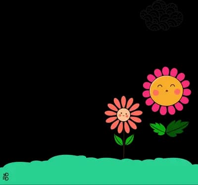 Two smiling flowers growing side by side on a grass mound