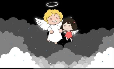 Two winged cherub children floating side by side