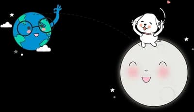 Earth and moon characters talking through a string phone