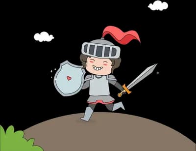 Child knight with sword and shield standing on a hill