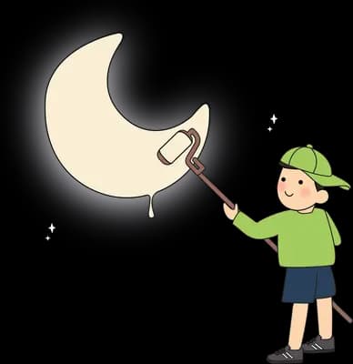 Boy holding up a crescent moon on a stick