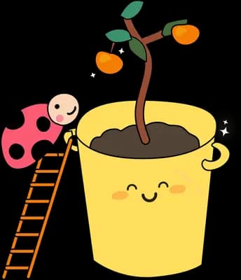 Smiling pot with a fruiting sapling and a small ladder