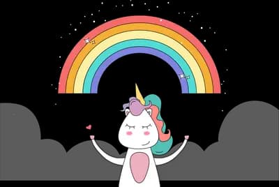 Unicorn sitting under an arching rainbow