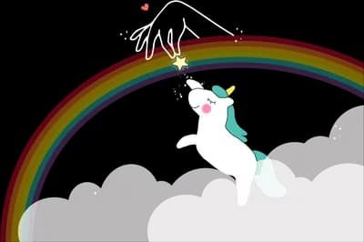 Unicorn galloping along a long rainbow arc