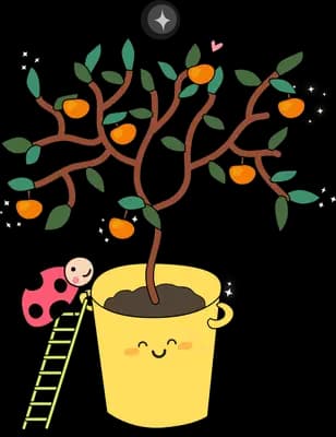 Potted orange tree with a ladder leaning against it
