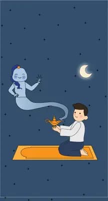 Boy on a flying carpet meeting a genie under a night sky