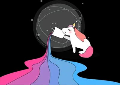 Unicorn resting with a flowing rainbow mane