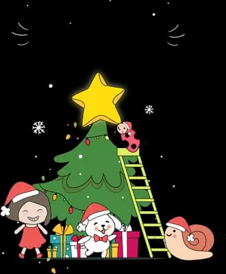 Decorated Christmas tree with gifts and a ladder