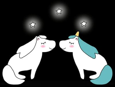 Two small unicorns facing each other with stars