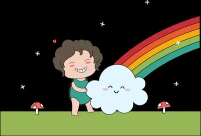 Girl sitting on grass beside a smiling cloud and rainbow
