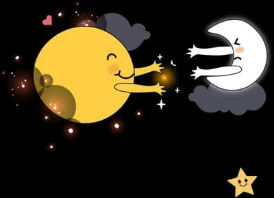 Sun character with a telescope facing a rabbit in clouds
