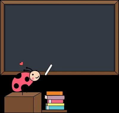 Empty blackboard above a stack of books with a ladybug