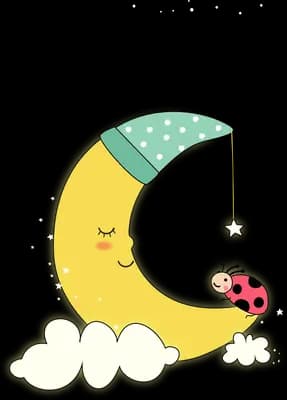 Sleeping moon in a nightcap on a cloud with a ladybug