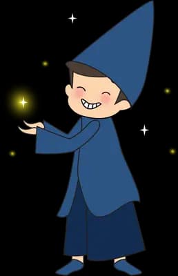 Child wizard in a blue hat holding a glowing orb