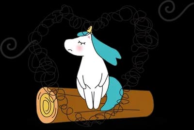 Unicorn on a log beneath an arch of clouds